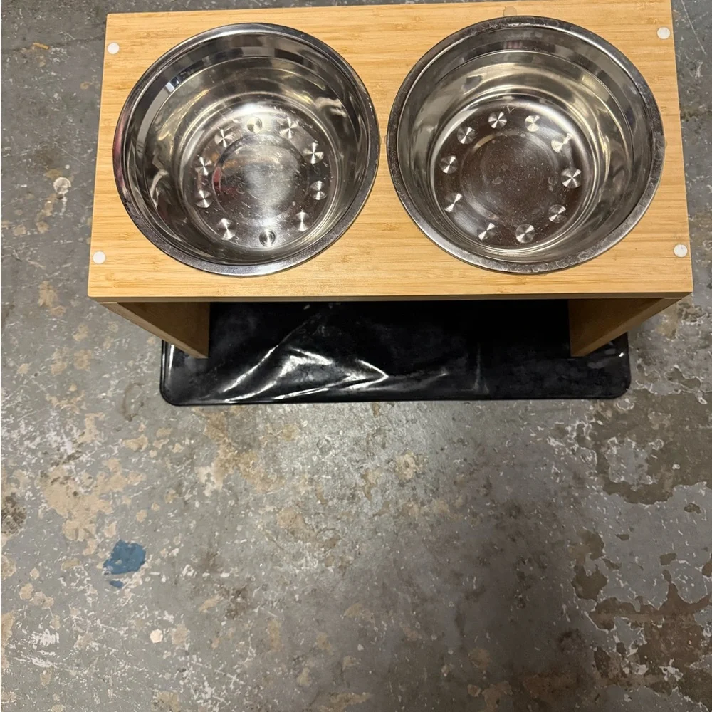 Elevated Bamboo Double Pet Feeder with Stainless Bowls - Natural